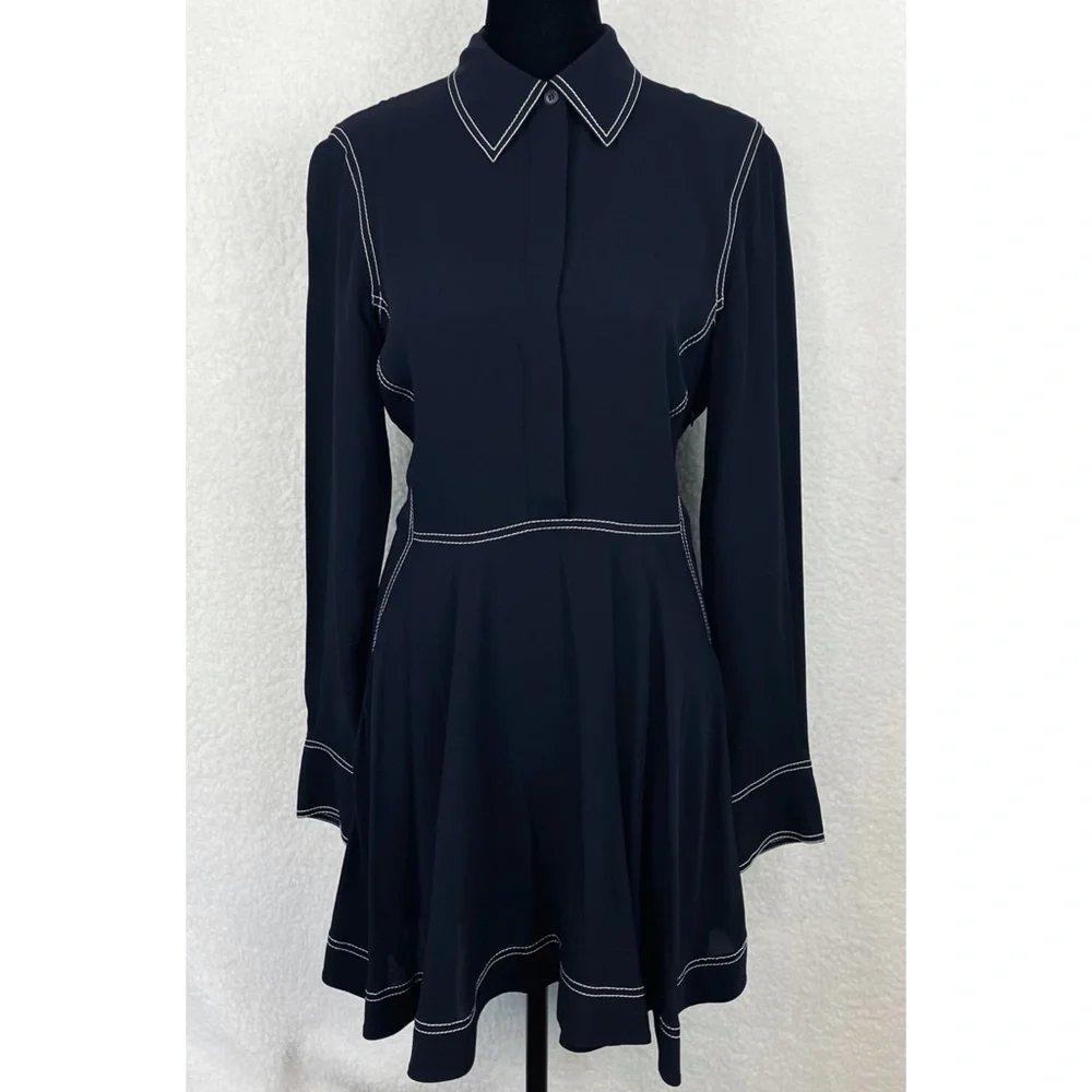 STELLA MCCARTNEY • 100% Silk Navy Contrast-Stitch Collared Mini Dress, S - Picture 16 of 16